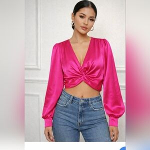 Elegant *HOT PINK* Satin Twist-Front Top Spring & Mercer NWT